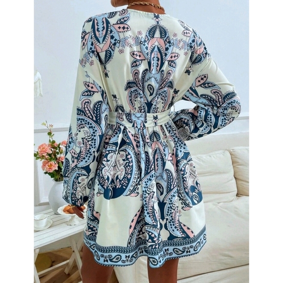 ✅ Boho Paisley Print Belted Bishop Sleeves Dress - Picture 3 of 7